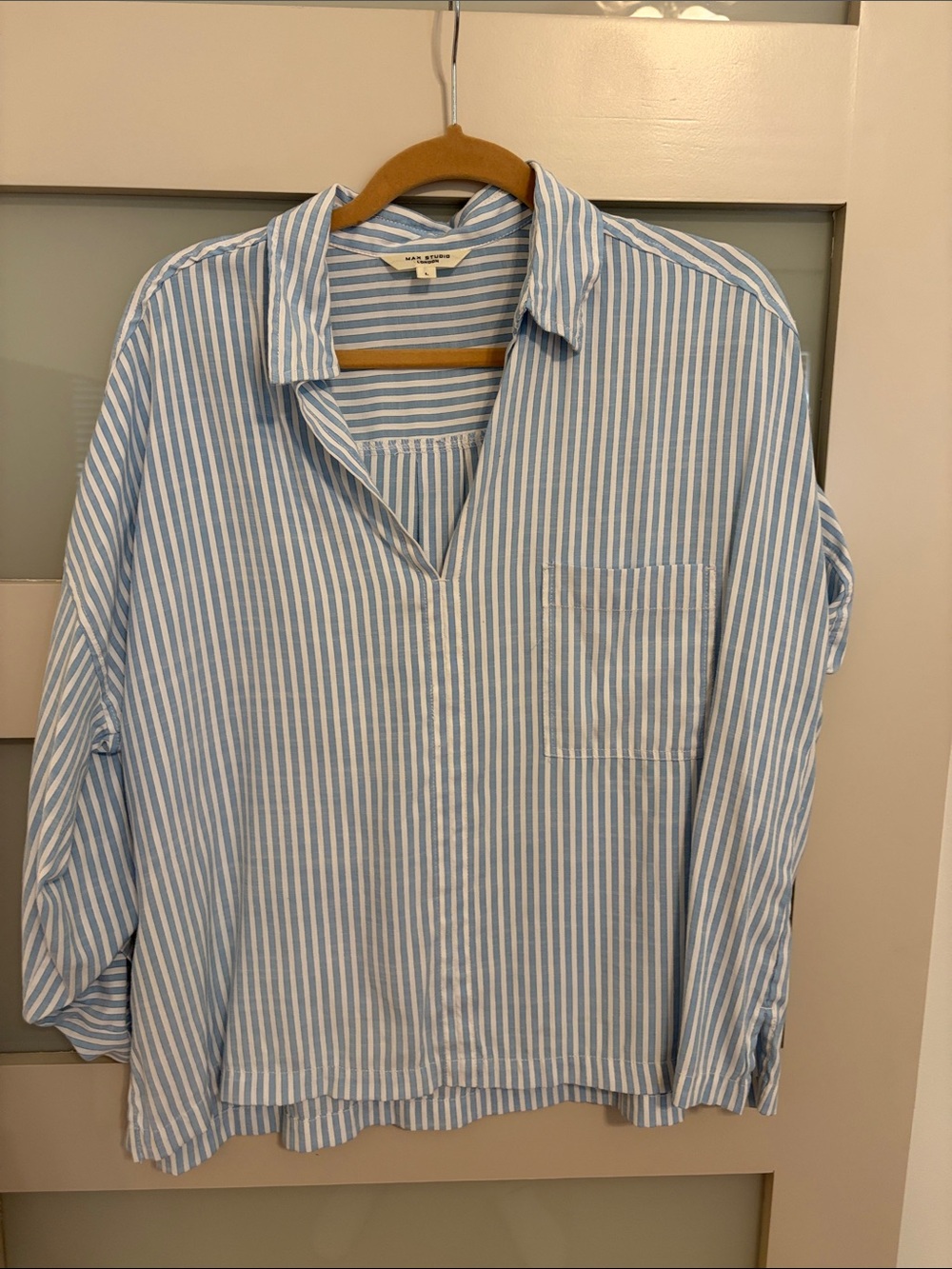 Max Studio Light Blue & White Striped Casual Button-Down Shirt